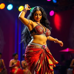 A captivating Indian dancer performing on stage, showcasing her alluring and curvaceous figure