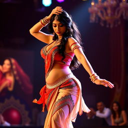 A captivating Indian dancer performing on stage, showcasing her alluring and curvaceous figure