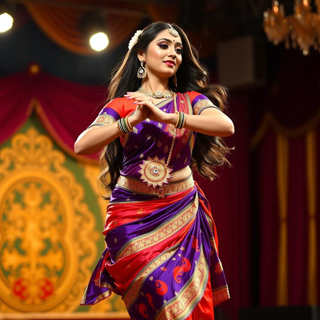 An attractive Indian dancer performing on stage with a curvaceous figure