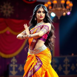 An attractive Indian dancer performing on stage with a curvaceous figure