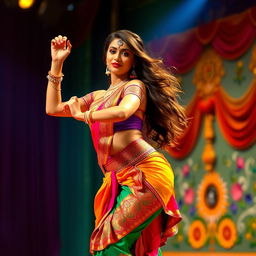 An attractive Indian dancer performing on stage with a curvaceous figure