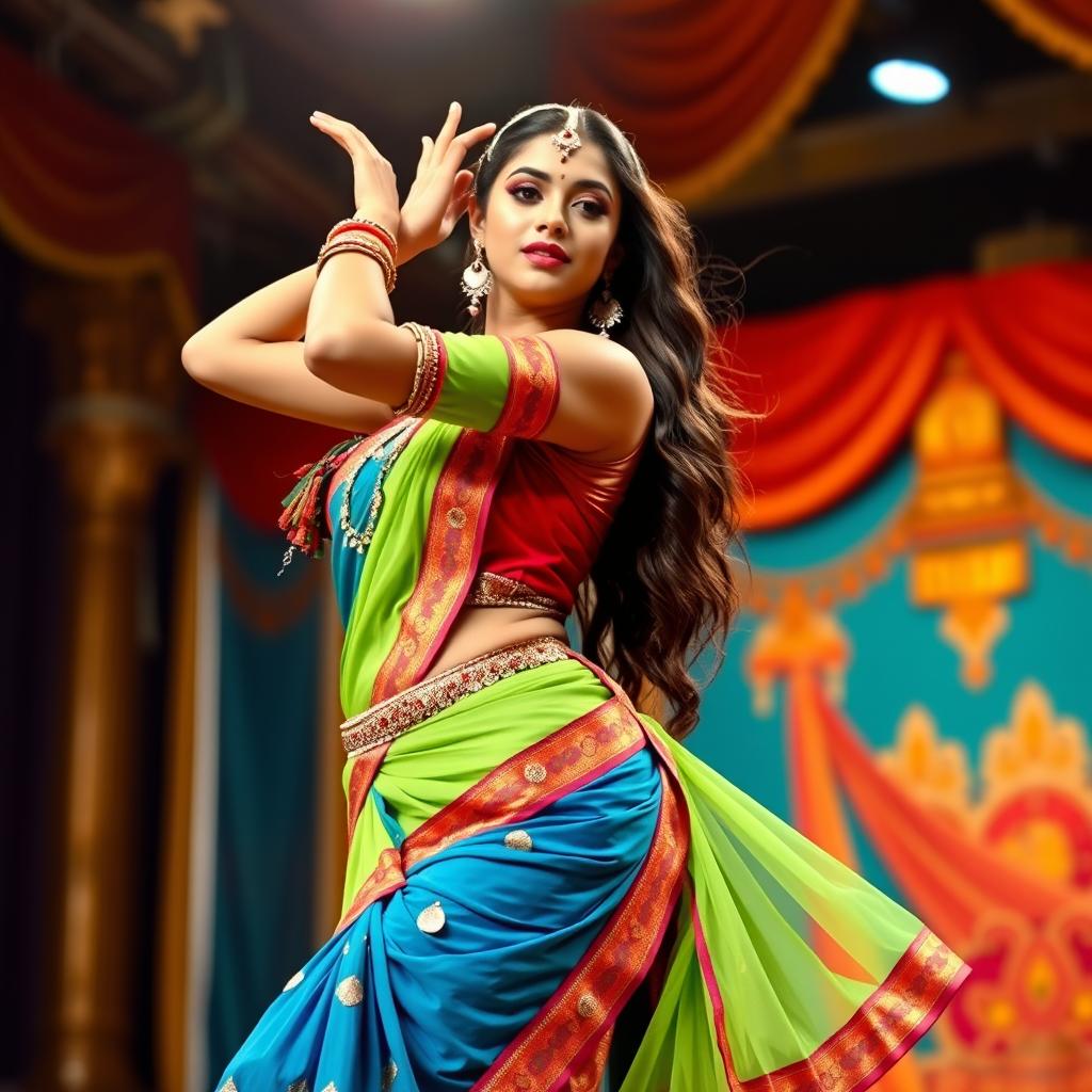 An attractive Indian dancer performing on stage with a curvaceous figure