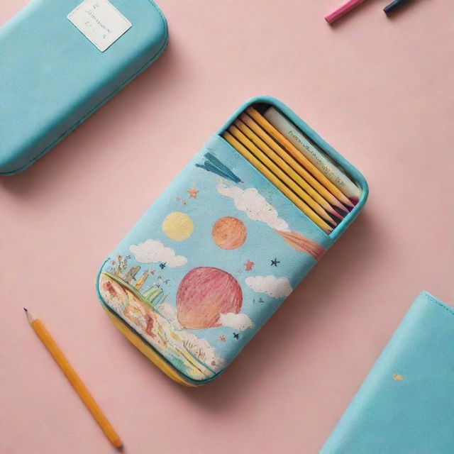 Envision a pencil case inspired by the concept of a magical book. Have compartments materialize as pages are turned. Use whimsical design elements like floating pencils and self-sorting color sections.