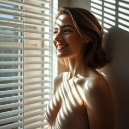 A young European woman smiles as she looks directly out of the window with partially opened blinds