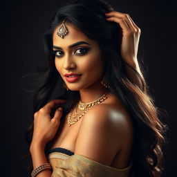 A tasteful and artistic depiction of a confident and sensual Indian woman posed beautifully