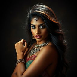 A tasteful and artistic depiction of a confident and sensual Indian woman posed beautifully