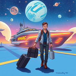 Book cover illustration showing a man under 30 carrying a travel bag, walking away from a futuristic space boat