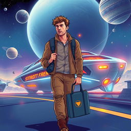 Book cover illustration showing a man under 30 carrying a travel bag, walking away from a futuristic space boat