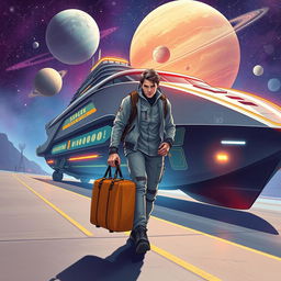 Book cover illustration showing a man under 30 carrying a travel bag, walking away from a futuristic space boat