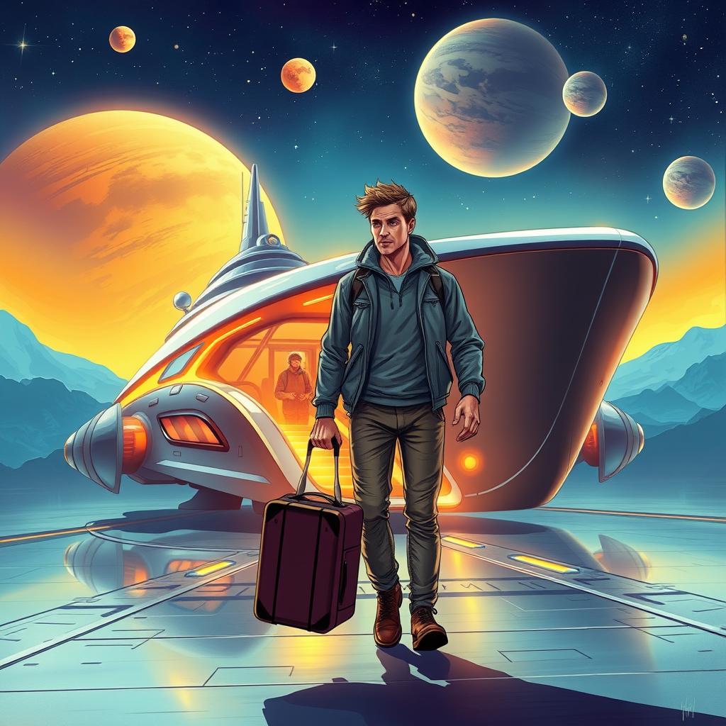 Book cover illustration showing a man under 30 carrying a travel bag, walking away from a futuristic space boat