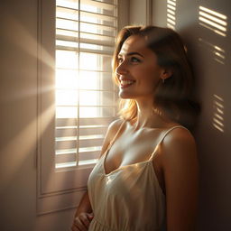 A young European woman smiles as she gazes out of a window with partially opened blinds, wearing a light sundress that gently covers her bust