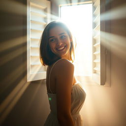 A young European woman smiles as she gazes out of a window with partially opened blinds, wearing a light sundress that gently covers her bust