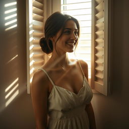 A young European woman smiles as she gazes out of a window with partially opened blinds, wearing a light sundress that gently covers her bust