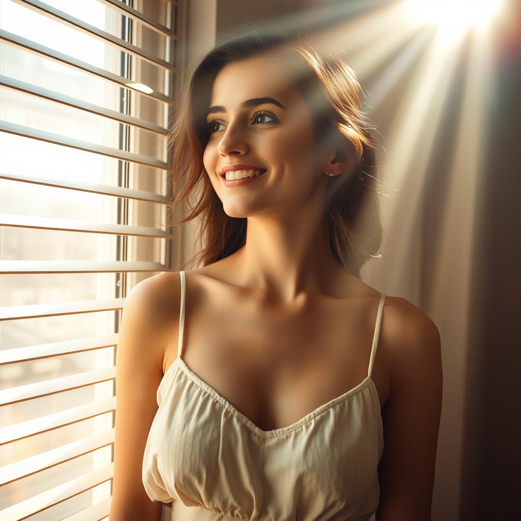 A young European woman smiles as she gazes out of a window with partially opened blinds, wearing a light sundress that gently covers her bust