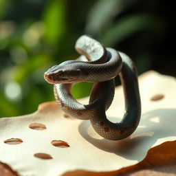 A snake intricately coiling and slithering over a piece of paper that appears to have holes, with the edges of the paper curling slightly as if a gentle breeze is passing through