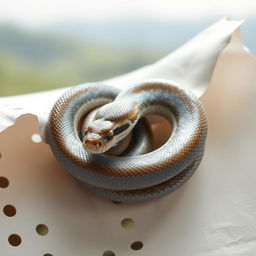 A snake intricately coiling and slithering over a piece of paper that appears to have holes, with the edges of the paper curling slightly as if a gentle breeze is passing through