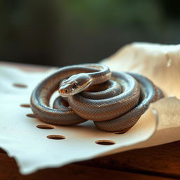 A snake intricately coiling and slithering over a piece of paper that appears to have holes, with the edges of the paper curling slightly as if a gentle breeze is passing through