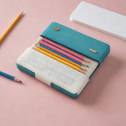 Envision a pencil case inspired by the concept of a magical book. Have compartments materialize as pages are turned. Use whimsical design elements like floating pencils and self-sorting color sections.