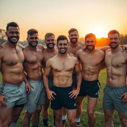 A group of attractive, fit, male rugby players posing confidently on a field