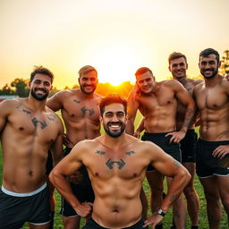 A group of attractive, fit, male rugby players posing confidently on a field