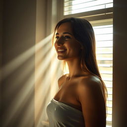 A young European woman smiles as she looks out a window with slightly opened blinds