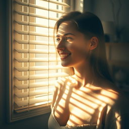 A young European woman smiles as she looks out a window with slightly opened blinds