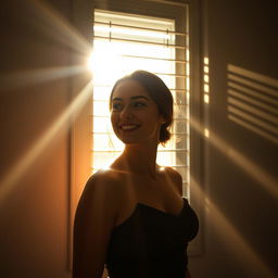 A young European woman smiles as she looks out a window with slightly opened blinds