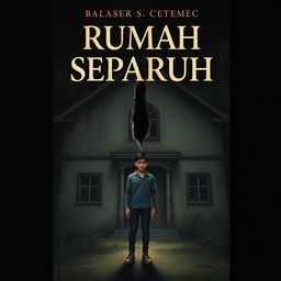 A dark and vintage-style novel cover illustrating the theme of "Rumah Separuh"