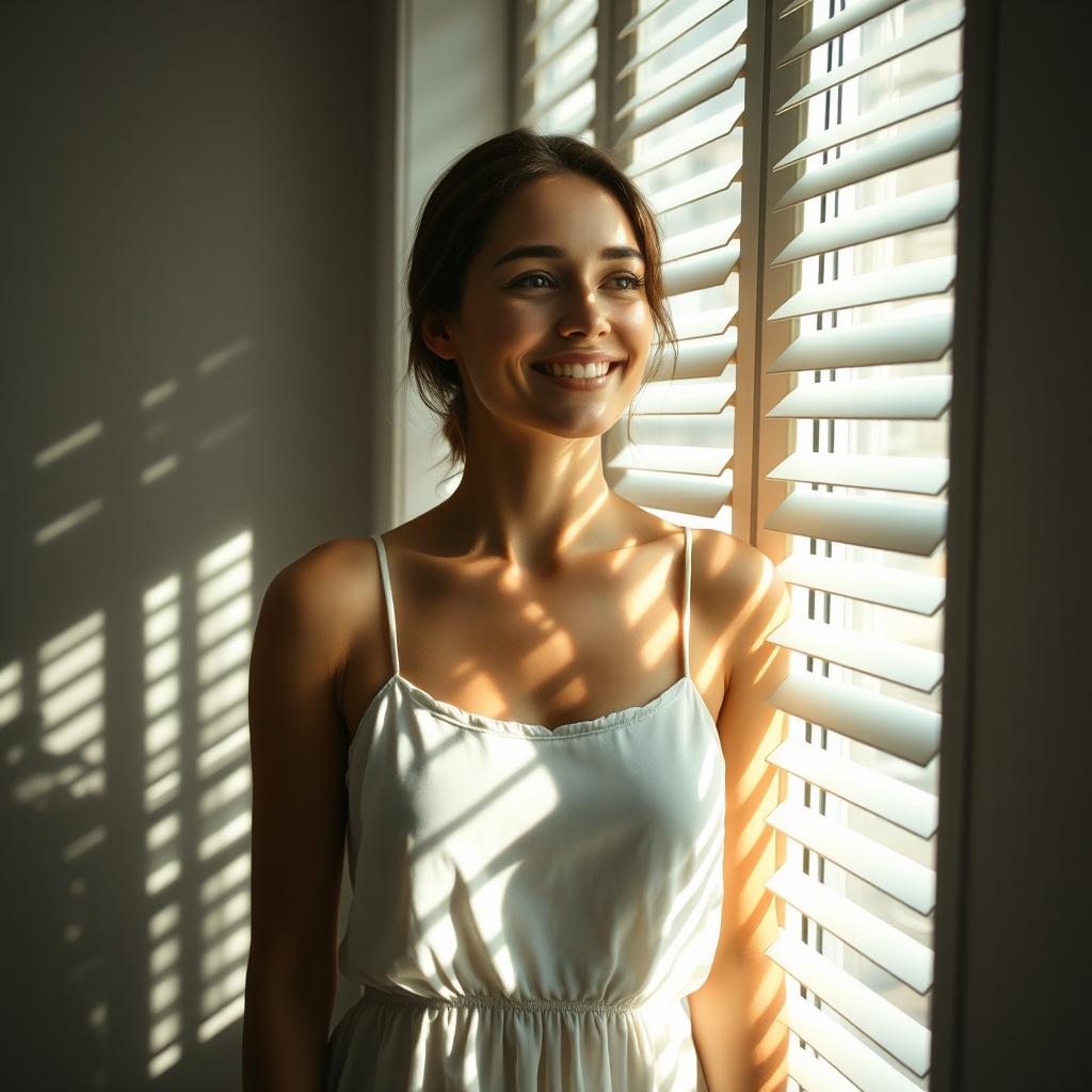 A young European woman smiles as she looks directly out of the window with partially opened blinds