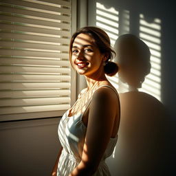 A young European woman smiles as she looks directly out of the window with partially opened blinds