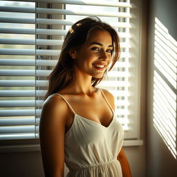 A young European woman smiles as she looks directly out of the window with partially opened blinds