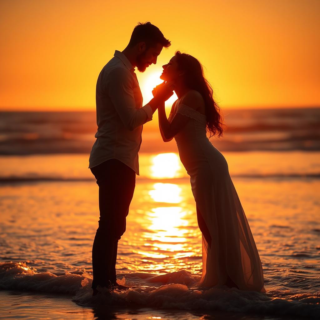 A romantic and intimate couple in a passionate embrace, set against a backdrop of a glowing sunset at the beach