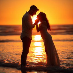 A romantic and intimate couple in a passionate embrace, set against a backdrop of a glowing sunset at the beach