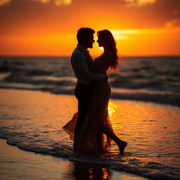 A romantic and intimate couple in a passionate embrace, set against a backdrop of a glowing sunset at the beach