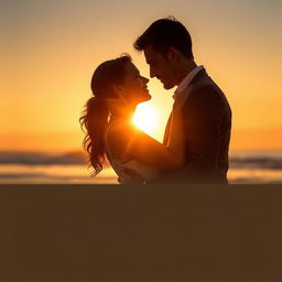 A romantic and intimate couple in a passionate embrace, set against a backdrop of a glowing sunset at the beach