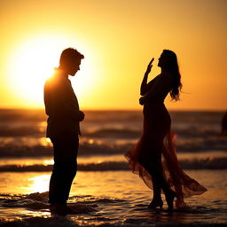 A romantic and intimate couple in a passionate embrace, set against a backdrop of a glowing sunset at the beach