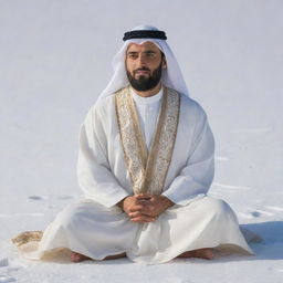 A 30-year-old man dressed in Arabic attire with a white abaya and beige dashdasha, sitting cross-legged on a snow-covered landscape, viewed from the right side.