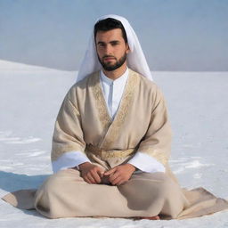 A 30-year-old man dressed in Arabic attire with a white abaya and beige dashdasha, sitting cross-legged on a snow-covered landscape, viewed from the right side.