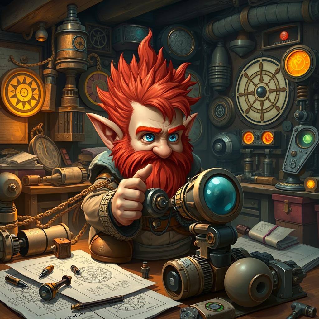 A male rock gnome artificer with ruddy tan skin, fiery red hair, and striking sapphire blue eyes, deeply engrossed in inventing a flying machine contraption in his workshop