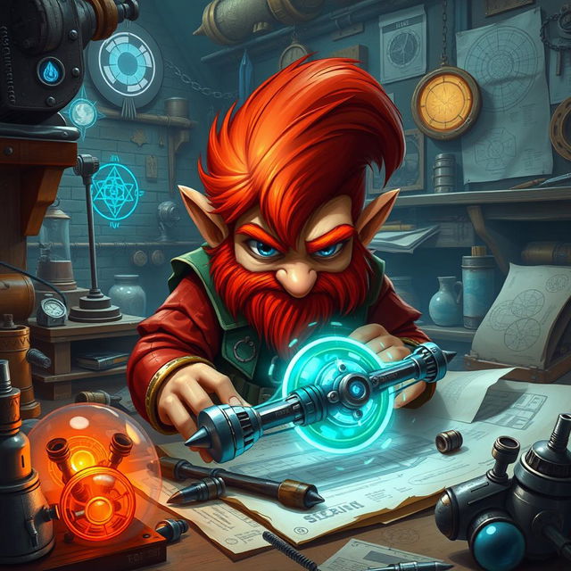 A male rock gnome artificer with ruddy tan skin, fiery red hair, and striking sapphire blue eyes, deeply engrossed in inventing a flying machine contraption in his workshop