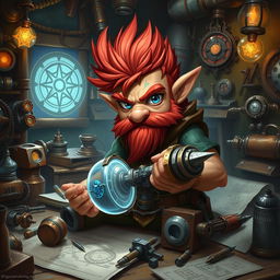 A male rock gnome artificer with ruddy tan skin, fiery red hair, and striking sapphire blue eyes, deeply engrossed in inventing a flying machine contraption in his workshop