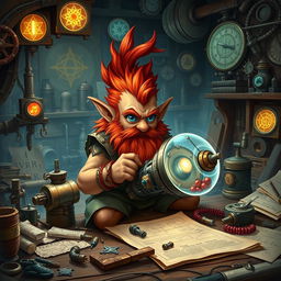 A male rock gnome artificer with ruddy tan skin, fiery red hair, and striking sapphire blue eyes, deeply engrossed in inventing a flying machine contraption in his workshop