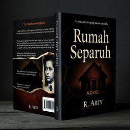 A dramatic and dark vintage-style book cover for a novel titled 'Rumah Separuh' written by R