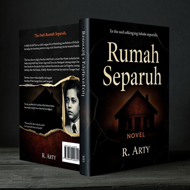 A dramatic and dark vintage-style book cover for a novel titled 'Rumah Separuh' written by R