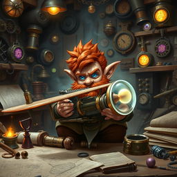 A ruddy tan, red-haired male rock gnome artificer with sapphire blue eyes, intensely focused on inventing a biplane in his enchanting Dungeons & Dragons workshop