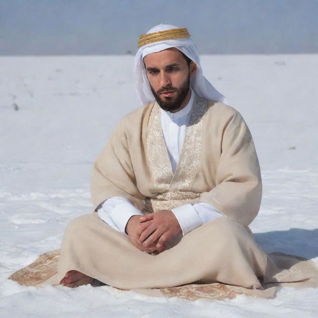 A 30-year-old man dressed in Arabic attire with a white abaya and beige dashdasha, sitting cross-legged on a snow-covered landscape, viewed from the right side.