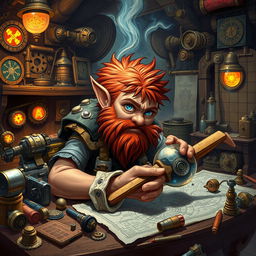 A ruddy tan, red-haired male rock gnome artificer with sapphire blue eyes, intensely focused on inventing a biplane in his enchanting Dungeons & Dragons workshop