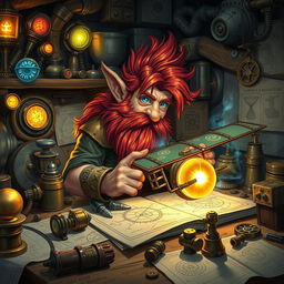 A ruddy tan, red-haired male rock gnome artificer with sapphire blue eyes, intensely focused on inventing a biplane in his enchanting Dungeons & Dragons workshop