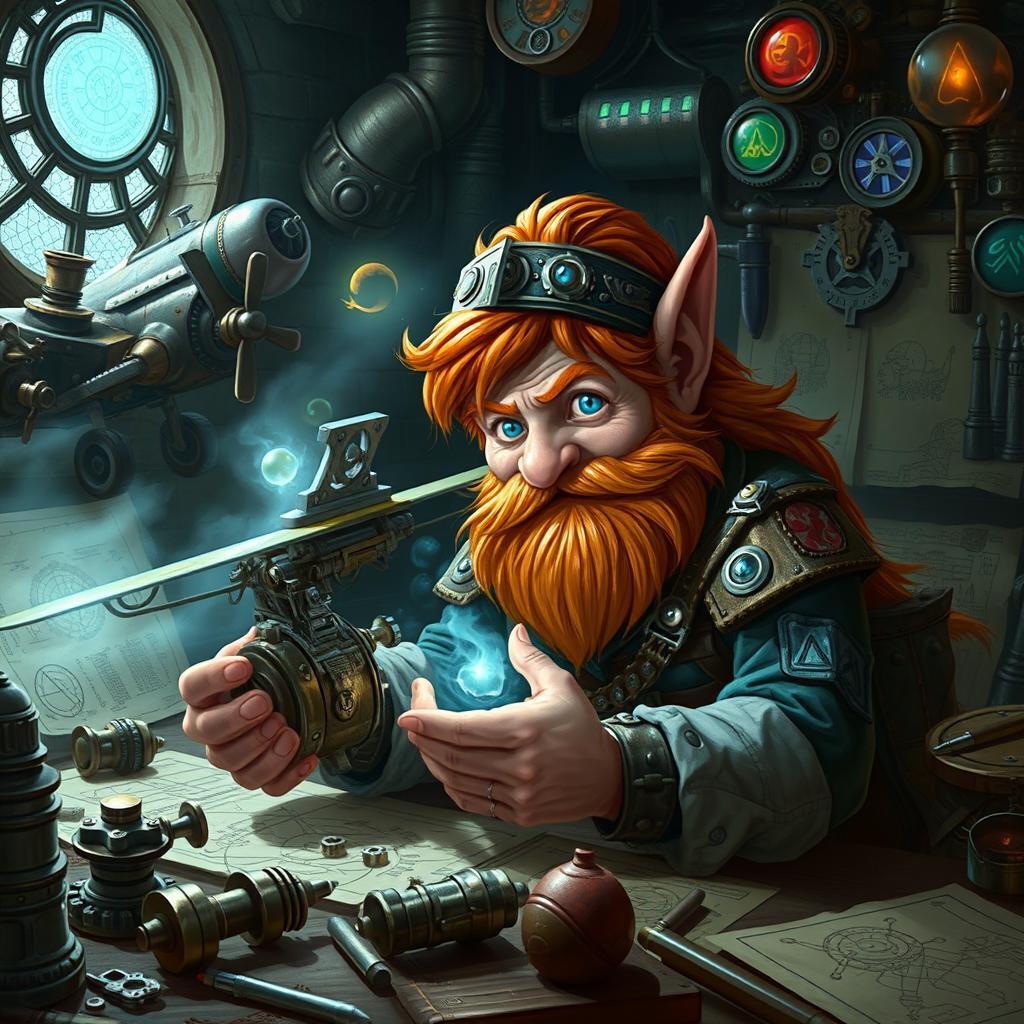 A ruddy tan, red-haired male rock gnome artificer with sapphire blue eyes, intensely focused on inventing a biplane in his enchanting Dungeons & Dragons workshop