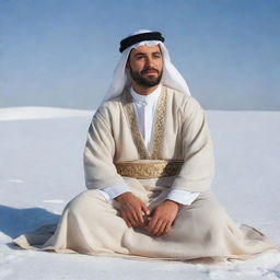 A 30-year-old man dressed in Arabic attire with a white abaya and beige dashdasha, sitting cross-legged on a snow-covered landscape, viewed from the right side.